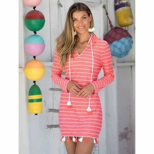 CABANA LIFE Coral/White Stripes Hooded Cover-Up Long Sleeve UPF 50+ Protec. NWT